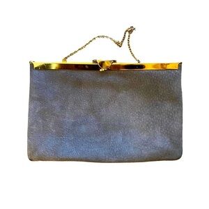 Vintage 70’s ETRA Gray Suede Fold Open Clutch Handbag w/ Gold-tone Trim & Chain